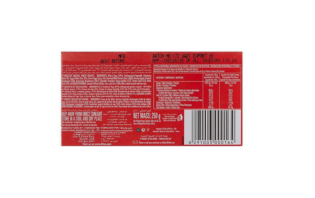Tiffany Digestive Natural Wheat Biscuits   Pack  250 grams